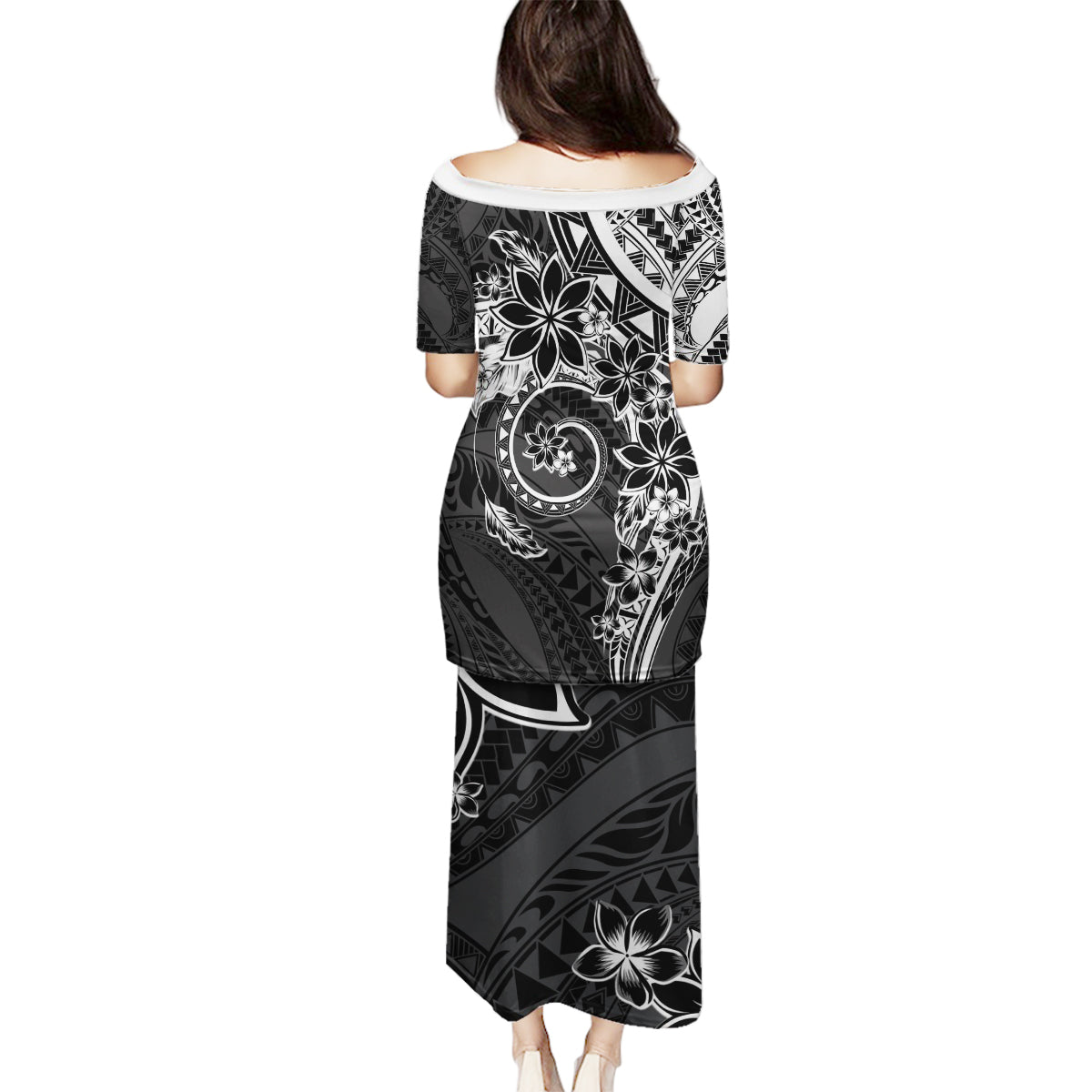Polynesian Pattern With Plumeria Flowers Family Matching Puletasi and Hawaiian Shirt Black LT05 - Polynesian Pride
