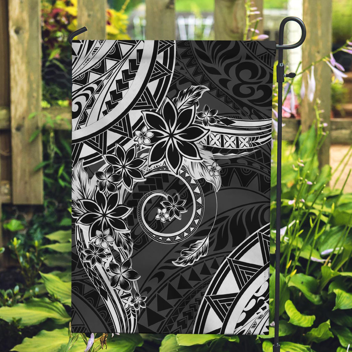 Polynesian Pattern With Plumeria Flowers Garden Flag Black