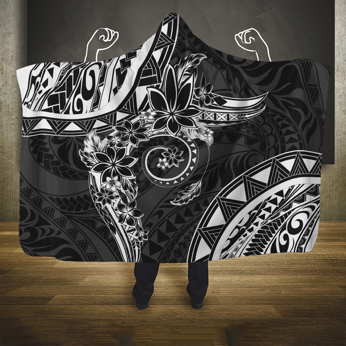 Polynesian Pattern With Plumeria Flowers Hooded Blanket Black LT05 One Size Black - Polynesian Pride