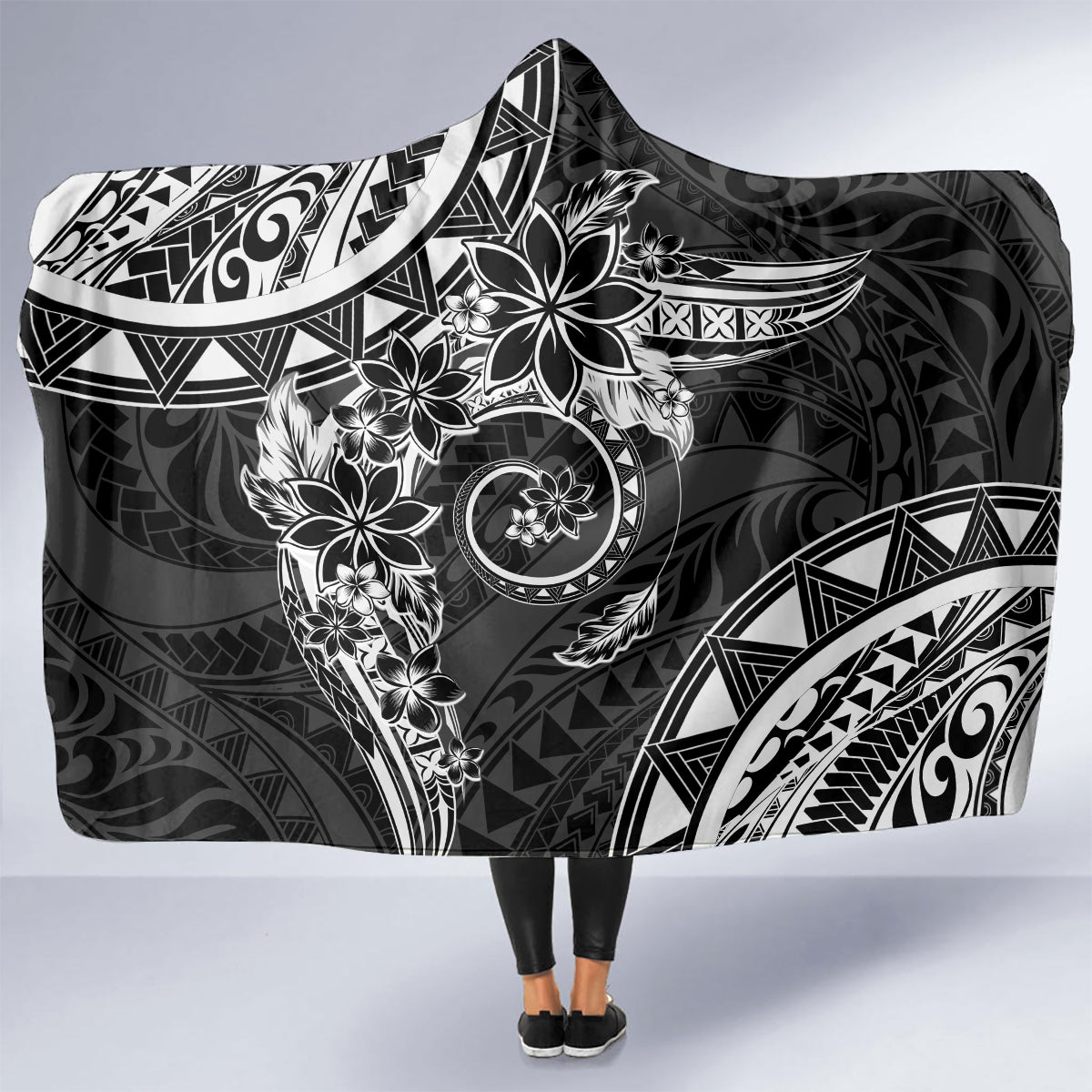 Polynesian Pattern With Plumeria Flowers Hooded Blanket Black LT05 - Polynesian Pride