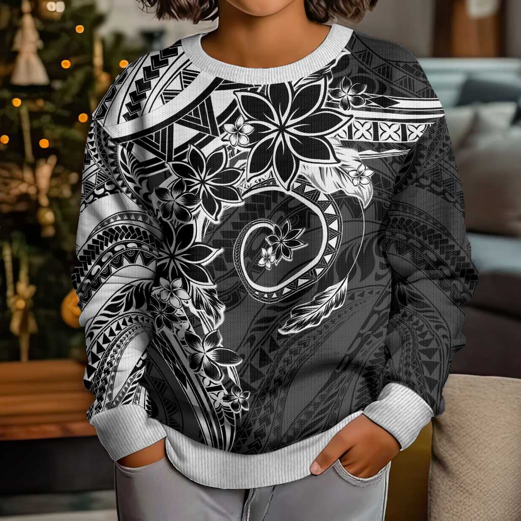 Polynesian Pattern With Plumeria Flowers Kid Ugly Christmas Sweater Black