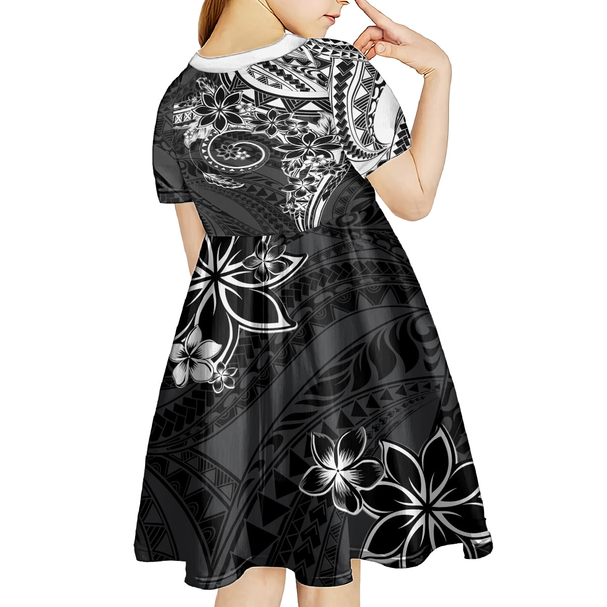 Polynesian Pattern With Plumeria Flowers Kid Short Sleeve Dress Black LT05 - Polynesian Pride