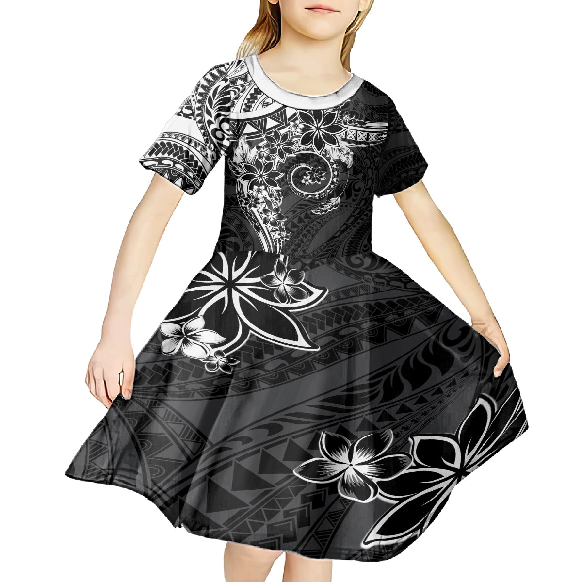 Polynesian Pattern With Plumeria Flowers Kid Short Sleeve Dress Black LT05 - Polynesian Pride