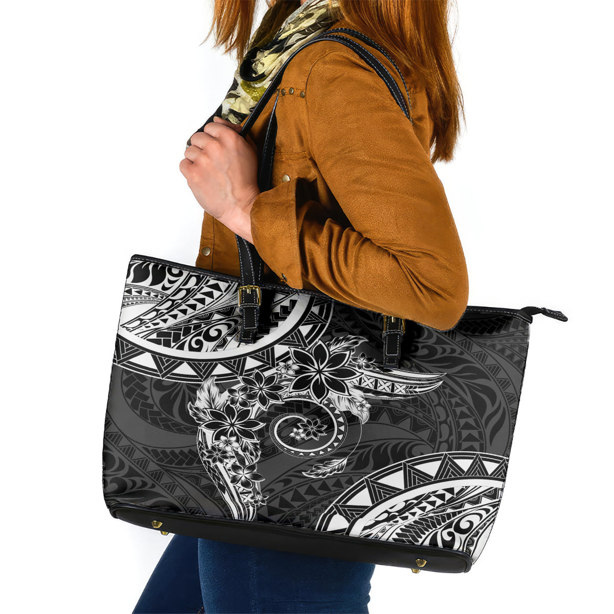 Polynesian Pattern With Plumeria Flowers Leather Tote Bag Black LT05 Black - Polynesian Pride