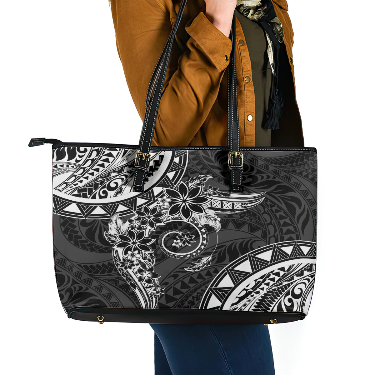 Polynesian Pattern With Plumeria Flowers Leather Tote Bag Black LT05 - Polynesian Pride