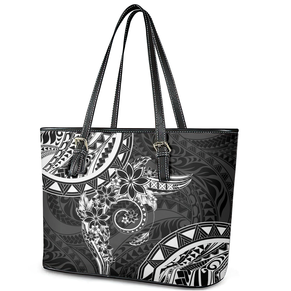 Polynesian Pattern With Plumeria Flowers Leather Tote Bag Black LT05 - Polynesian Pride