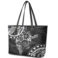 Polynesian Pattern With Plumeria Flowers Leather Tote Bag Black LT05 - Polynesian Pride