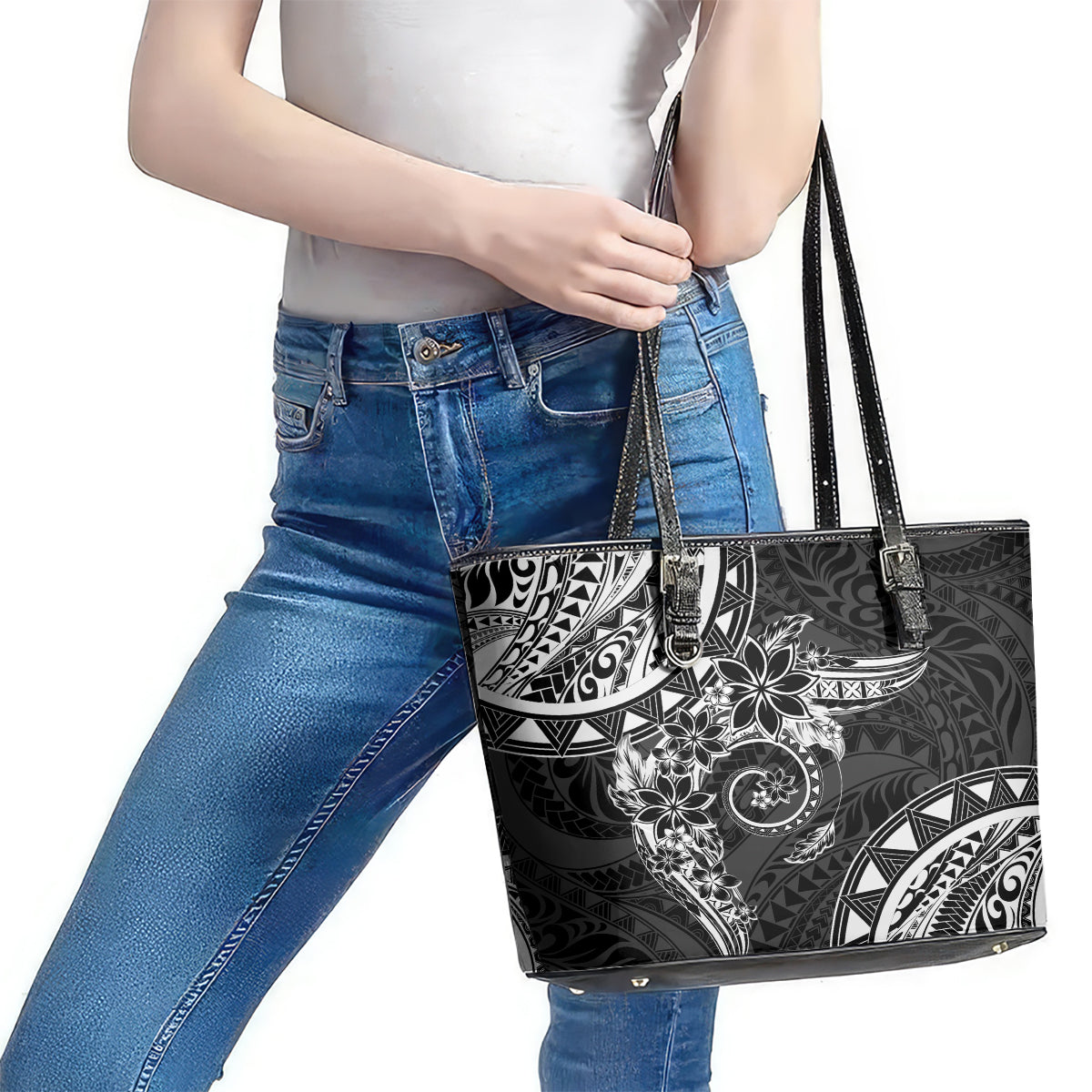 Polynesian Pattern With Plumeria Flowers Leather Tote Bag Black LT05 - Polynesian Pride