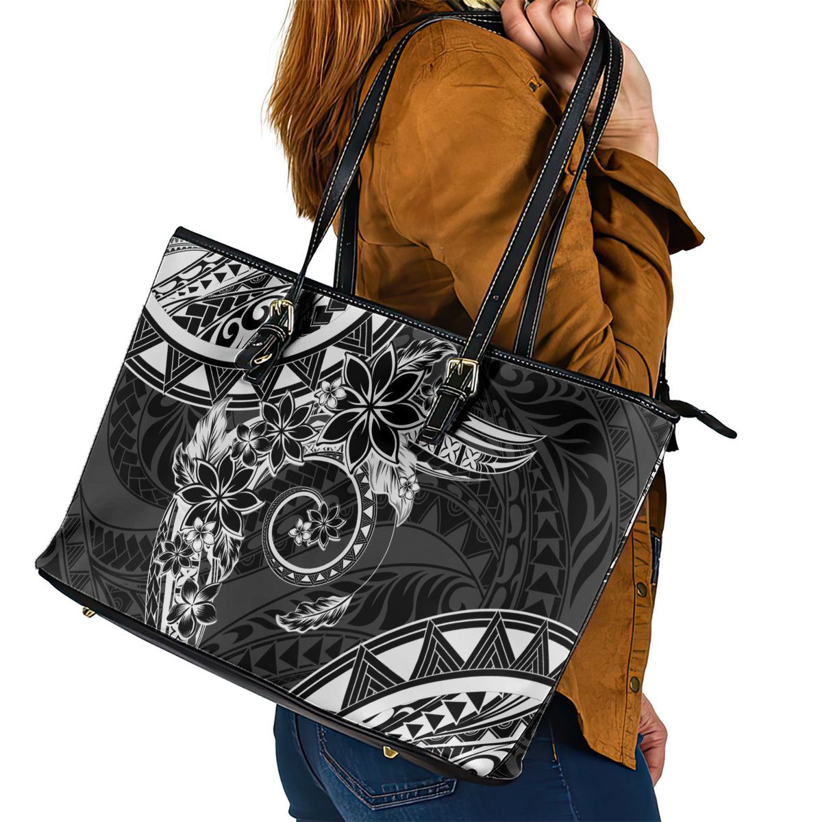 Polynesian Pattern With Plumeria Flowers Leather Tote Bag Black LT05 - Polynesian Pride