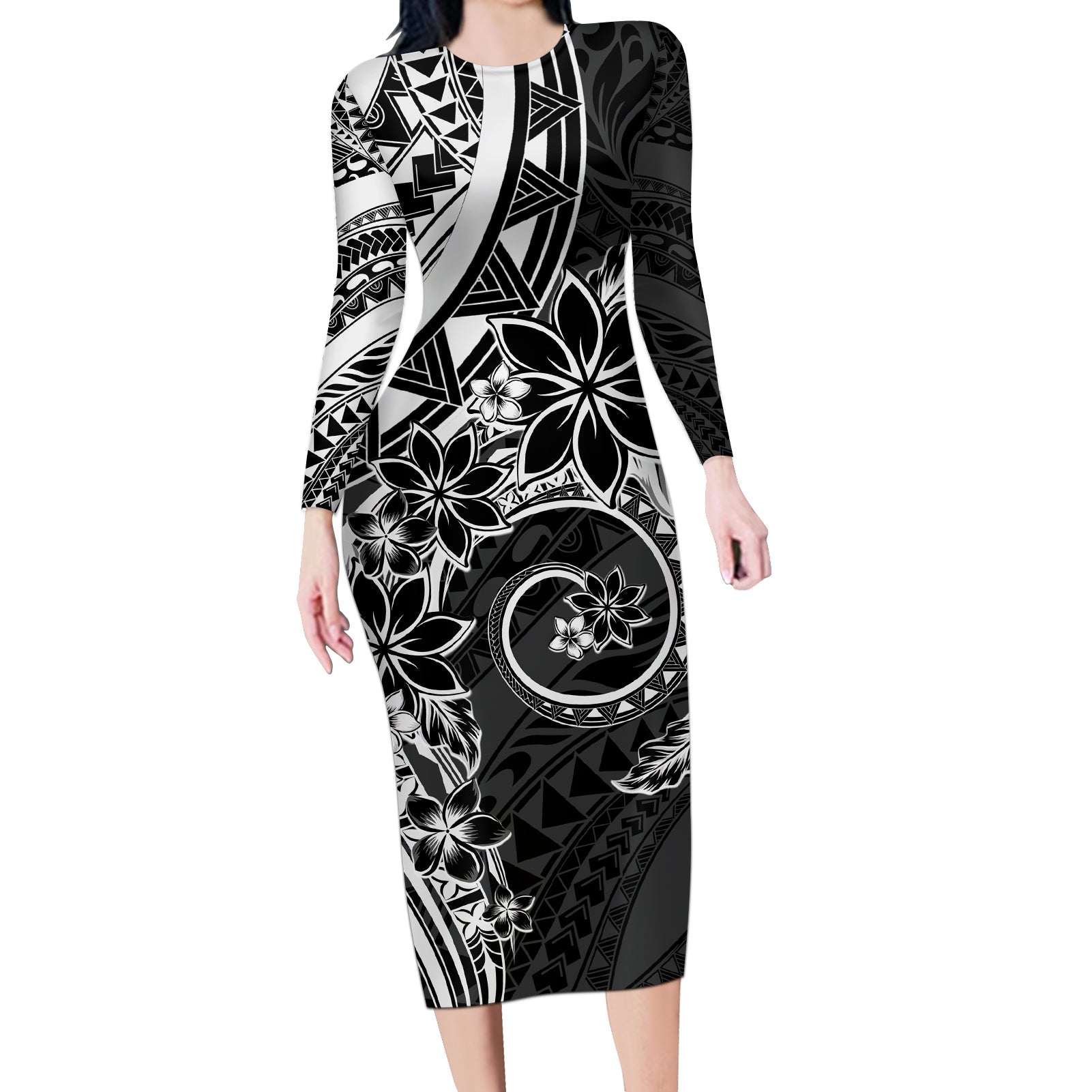 Polynesian Pattern With Plumeria Flowers Long Sleeve Bodycon Dress Black