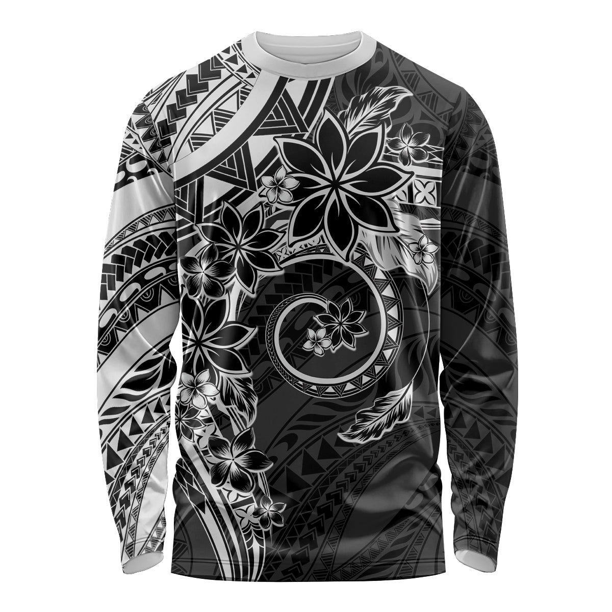 Polynesian Pattern With Plumeria Flowers Long Sleeve Shirt Black