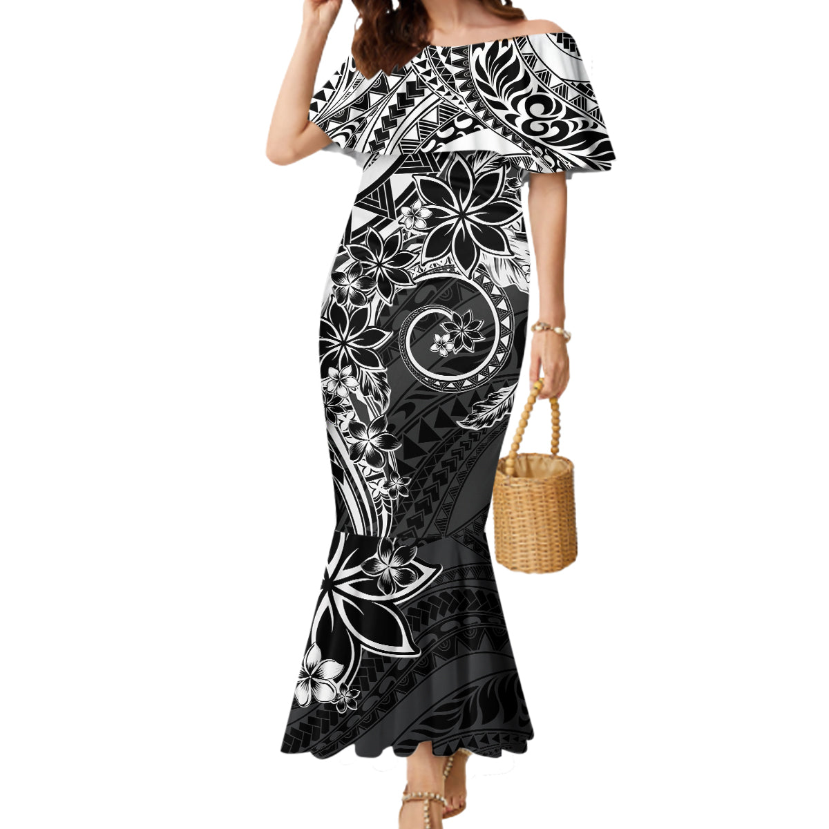 Polynesian Pattern With Plumeria Flowers Mermaid Dress Black