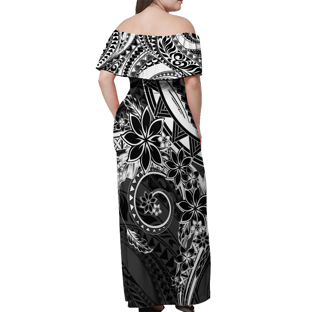 Polynesian Pattern With Plumeria Flowers Off Shoulder Maxi Dress Black LT05 - Polynesian Pride