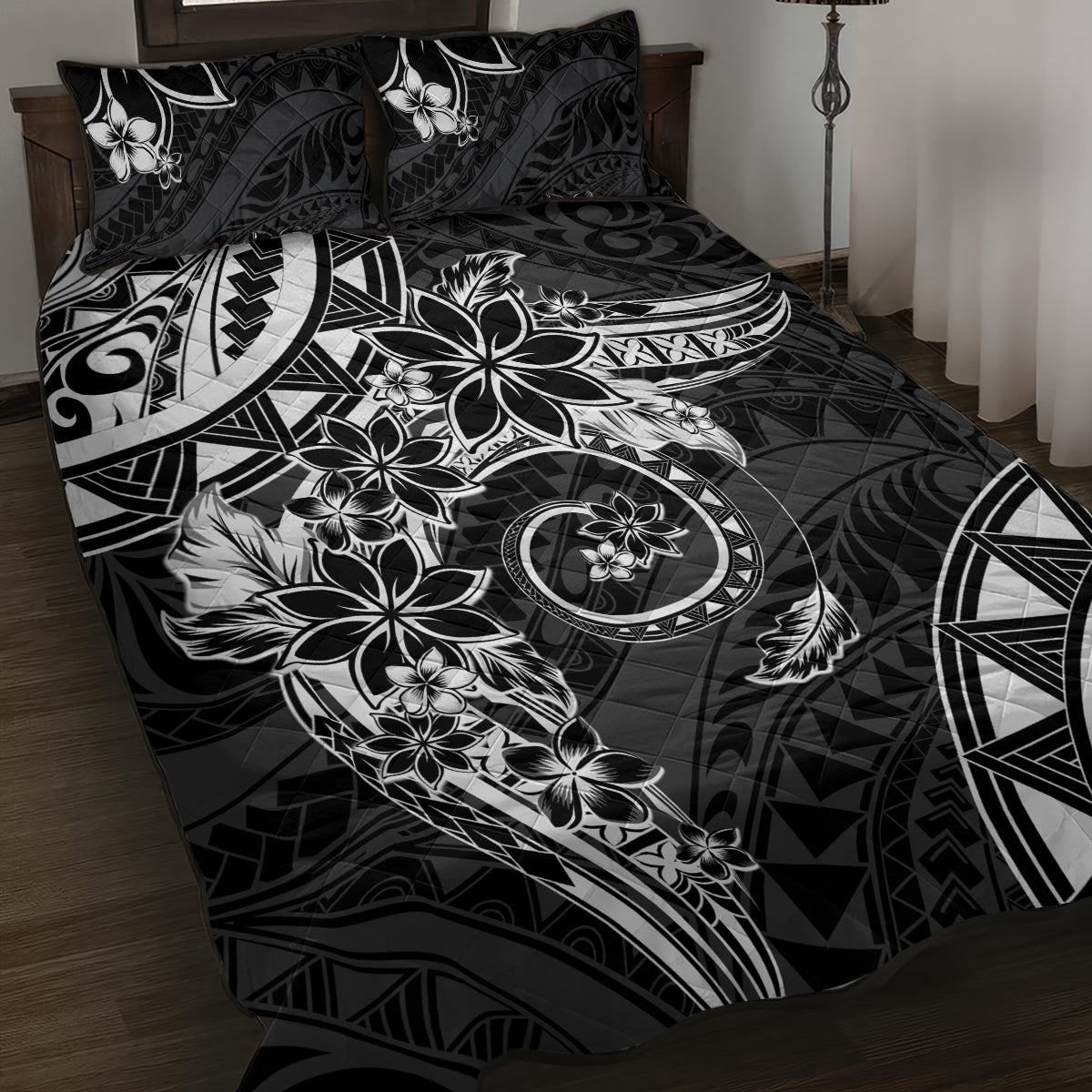 Polynesian Pattern With Plumeria Flowers Quilt Bed Set Black