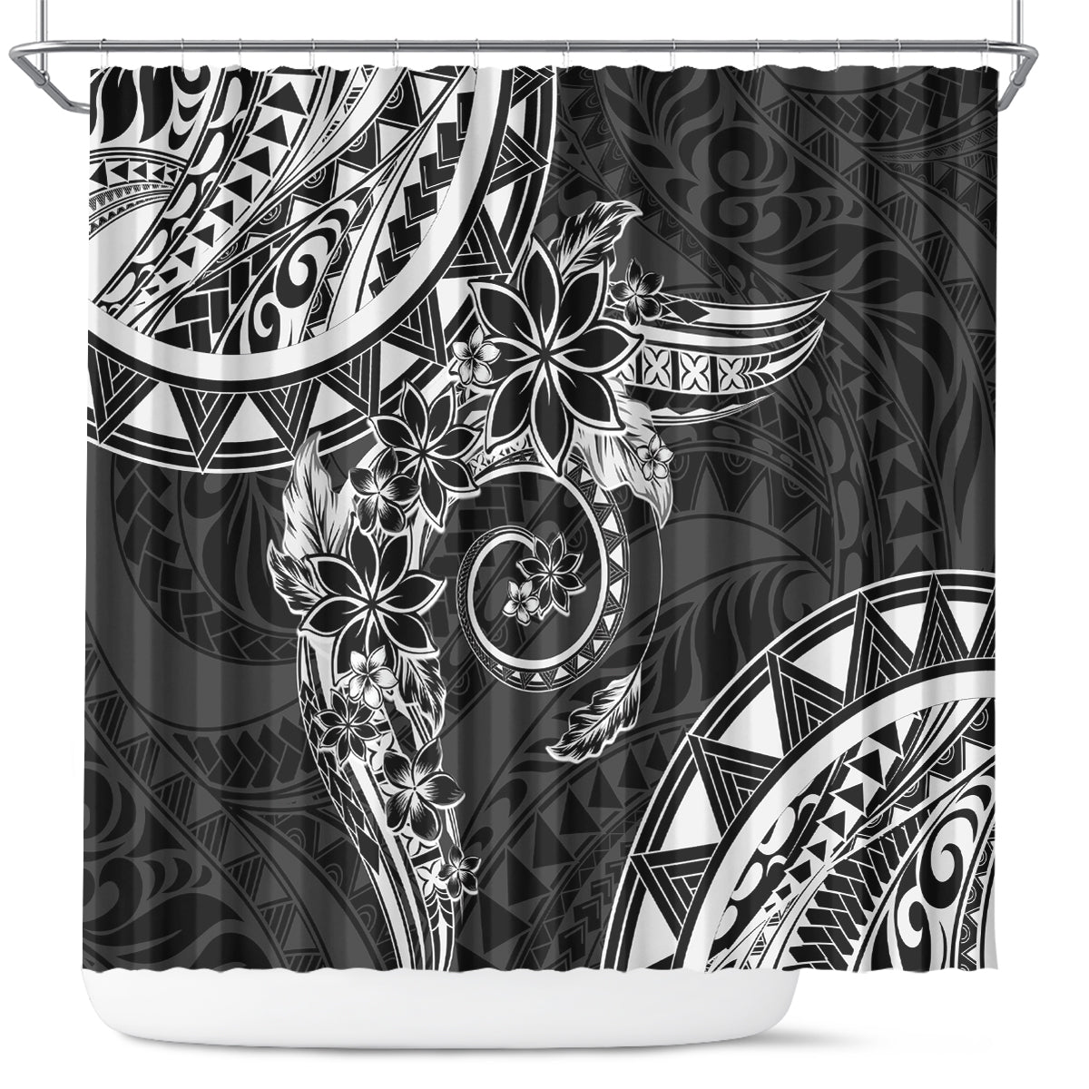 Polynesian Pattern With Plumeria Flowers Shower Curtain Black