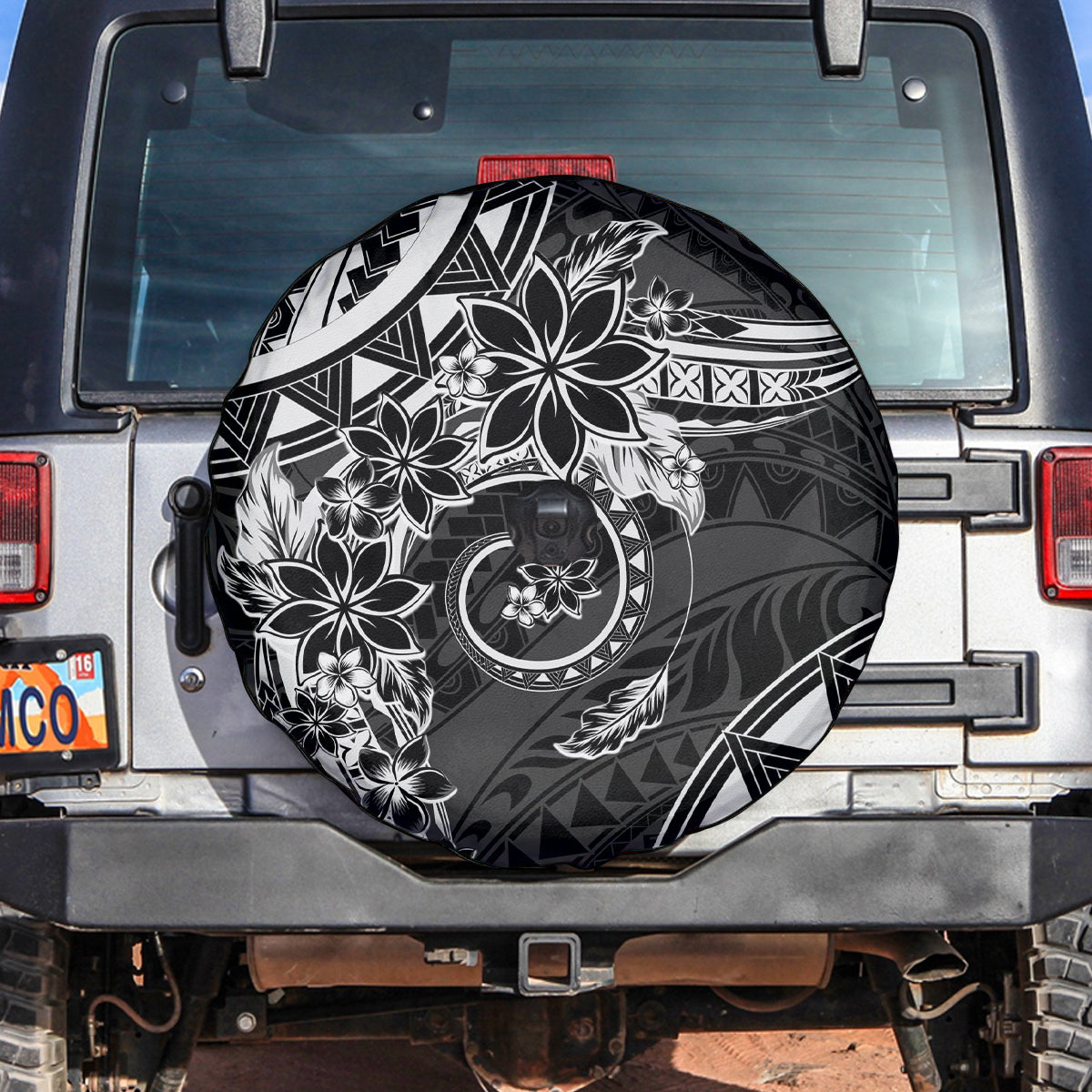 Polynesian Pattern With Plumeria Flowers Spare Tire Cover Black LT05 Black - Polynesian Pride