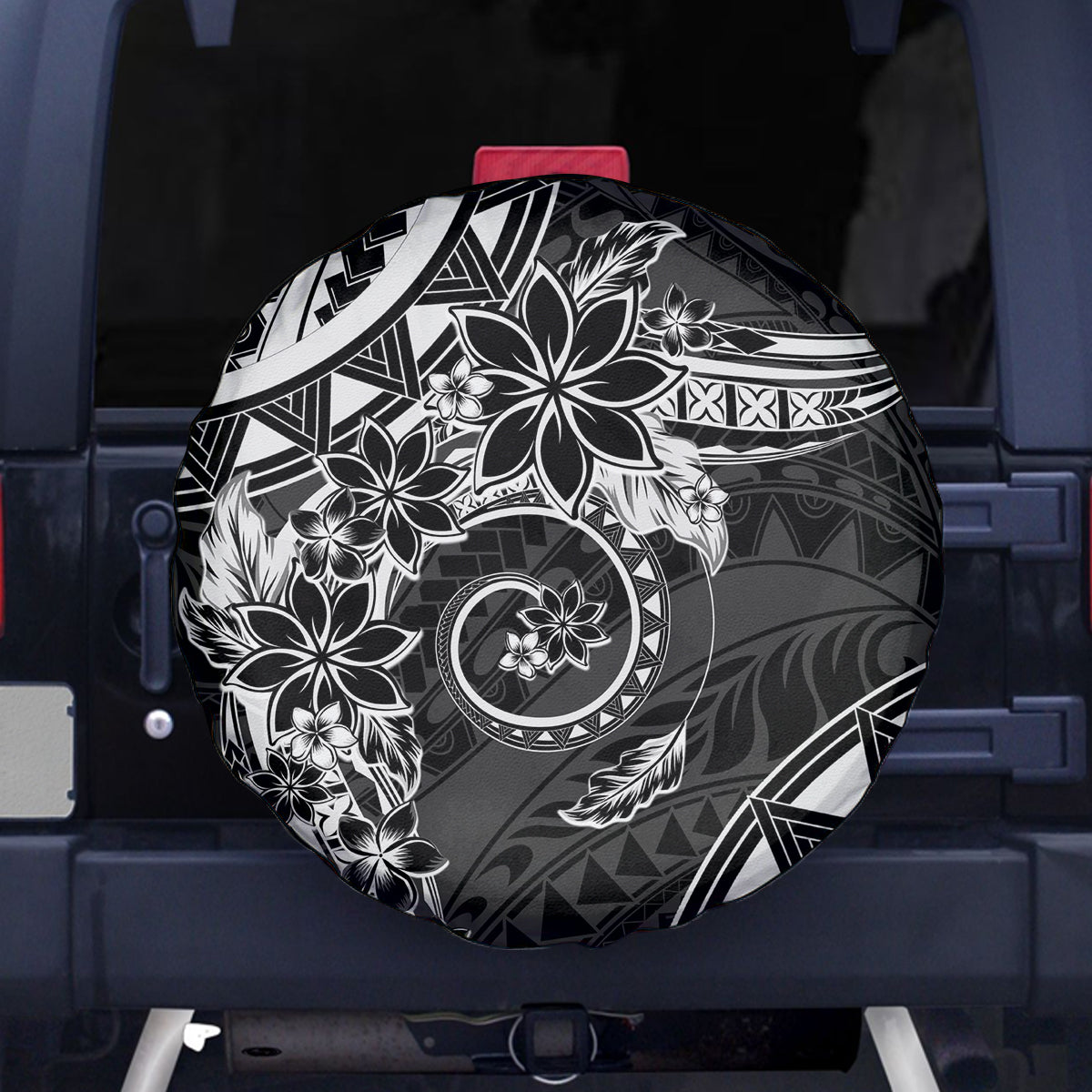 Polynesian Pattern With Plumeria Flowers Spare Tire Cover Black LT05 - Polynesian Pride