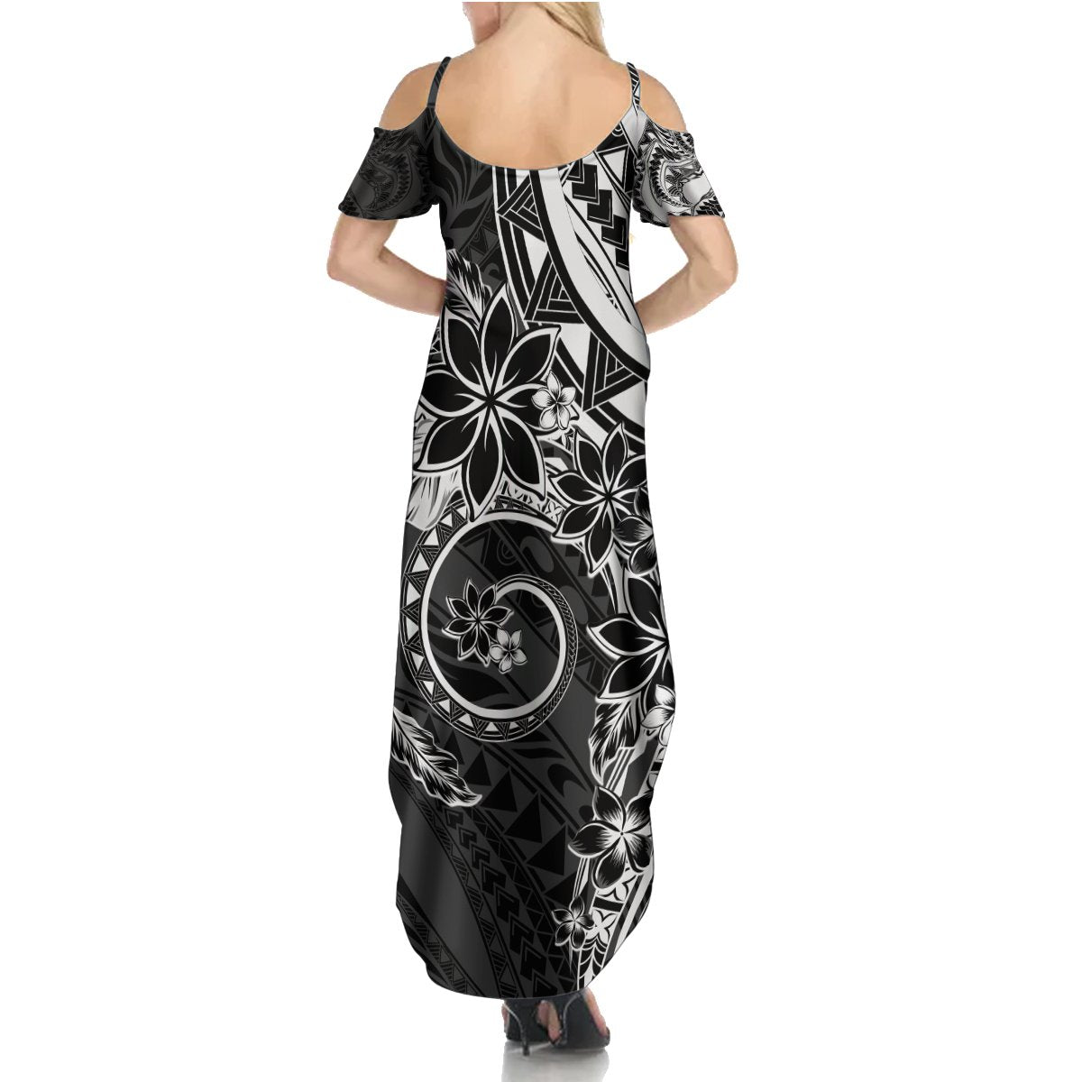 Polynesian Pattern With Plumeria Flowers Summer Maxi Dress Black LT05 - Polynesian Pride