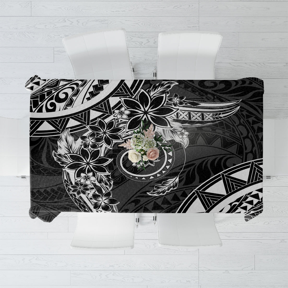 Polynesian Pattern With Plumeria Flowers Tablecloth Black LT05 Black - Polynesian Pride