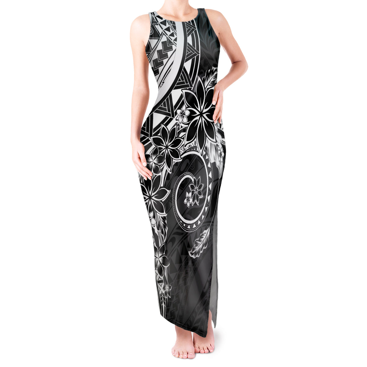 Polynesian Pattern With Plumeria Flowers Tank Maxi Dress Black