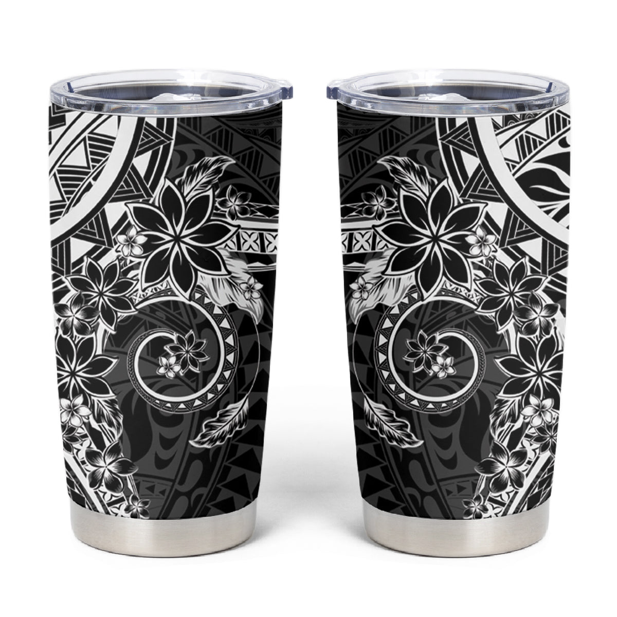 Black Polynesian Pattern With Plumeria Flowers Tumbler Cup