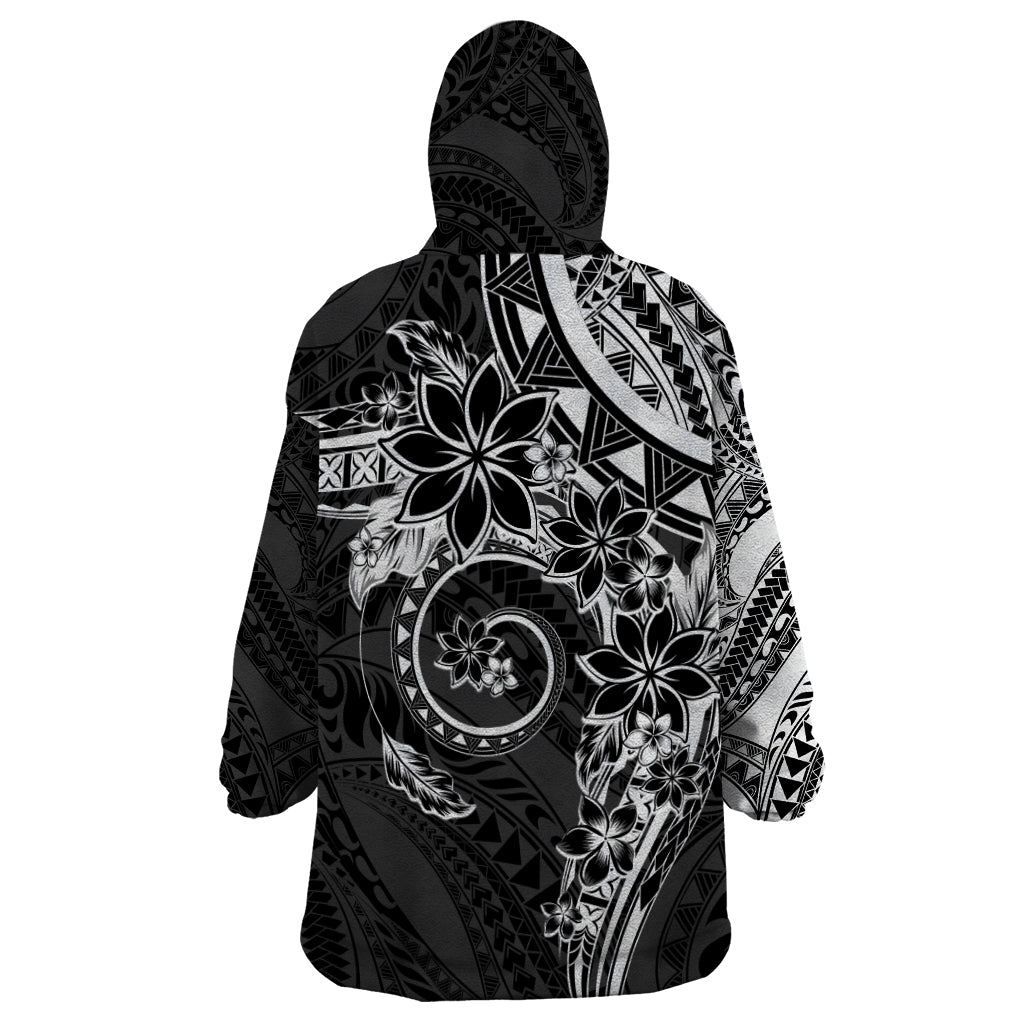 Polynesian Pattern With Plumeria Flowers Wearable Blanket Hoodie Black LT05 - Polynesian Pride