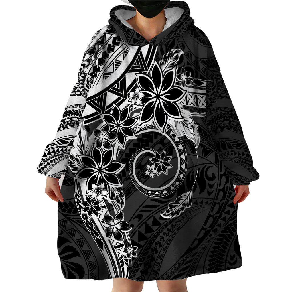 Polynesian Pattern With Plumeria Flowers Wearable Blanket Hoodie Black LT05 - Polynesian Pride