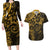 Polynesian Sunset Plumeria Couples Matching Long Sleeve Bodycon Dress and Hawaiian Shirt Gold Polynesian Tattoo