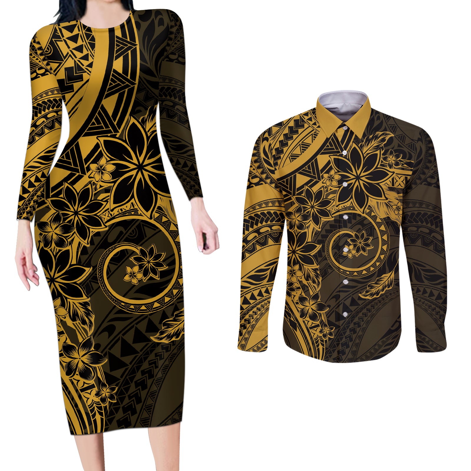 Polynesian Sunset Plumeria Couples Matching Long Sleeve Bodycon Dress and Long Sleeve Button Shirt Gold Polynesian Tattoo LT05 Gold - Polynesian Pride