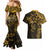 Polynesian Sunset Plumeria Couples Matching Mermaid Dress and Hawaiian Shirt Gold Polynesian Tattoo