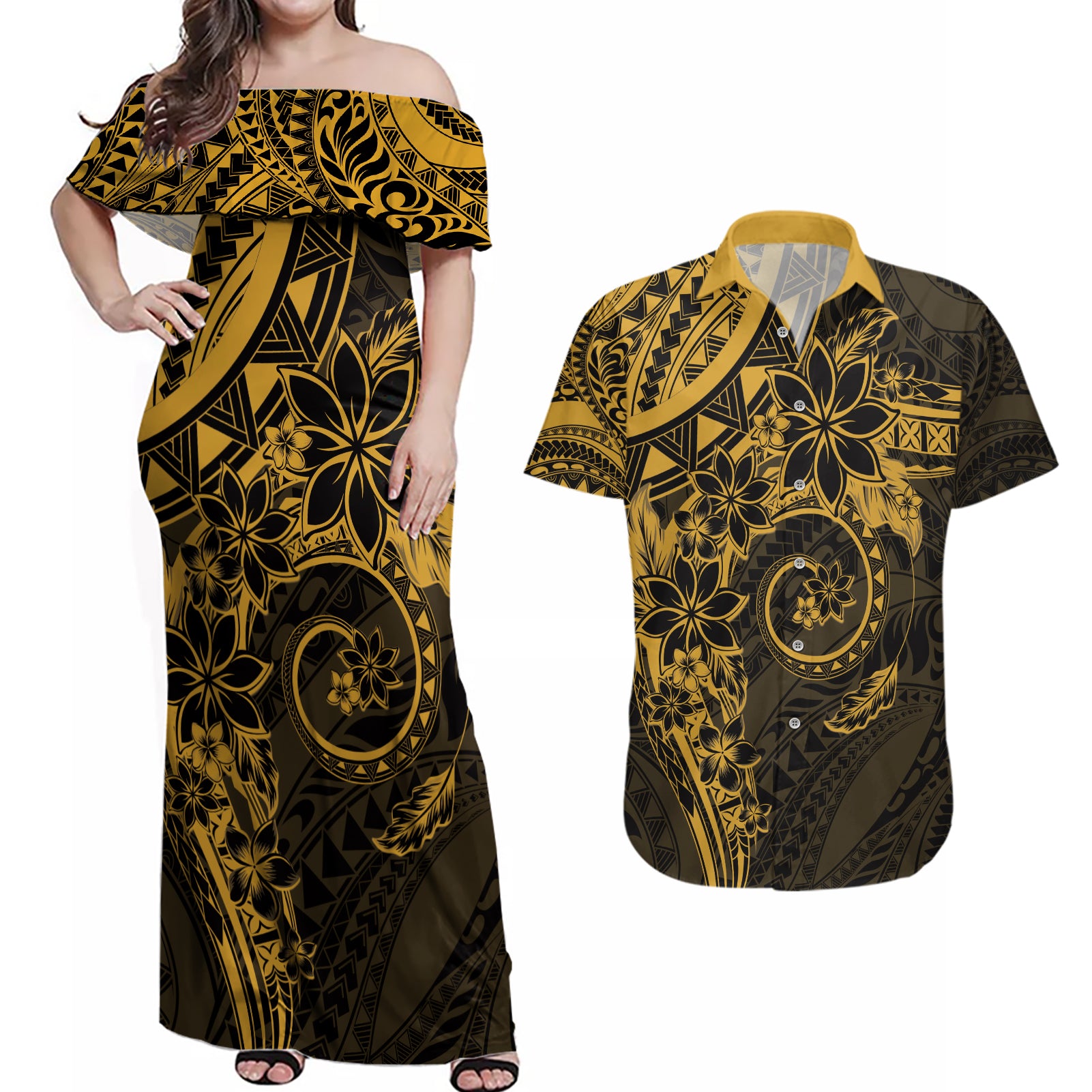 Polynesian Sunset Plumeria Couples Matching Off Shoulder Maxi Dress and Hawaiian Shirt Gold Polynesian Tattoo