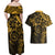 Polynesian Sunset Plumeria Couples Matching Off Shoulder Maxi Dress and Hawaiian Shirt Gold Polynesian Tattoo