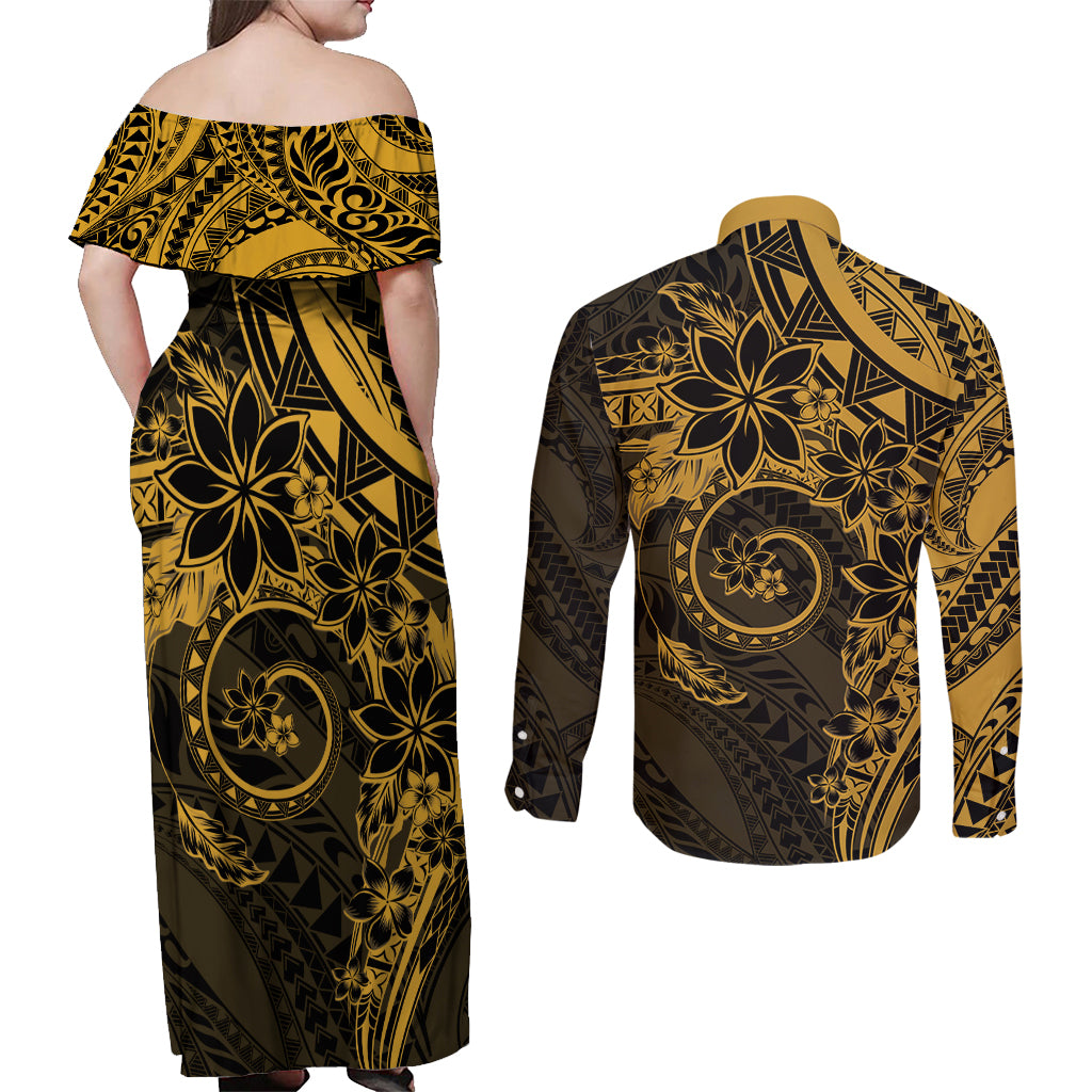 Polynesian Sunset Plumeria Couples Matching Off Shoulder Maxi Dress and Long Sleeve Button Shirt Gold Polynesian Tattoo LT05 - Polynesian Pride