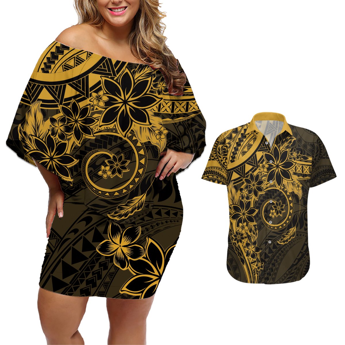 Polynesian Sunset Plumeria Couples Matching Off Shoulder Short Dress and Hawaiian Shirt Gold Polynesian Tattoo LT05 Gold - Polynesian Pride