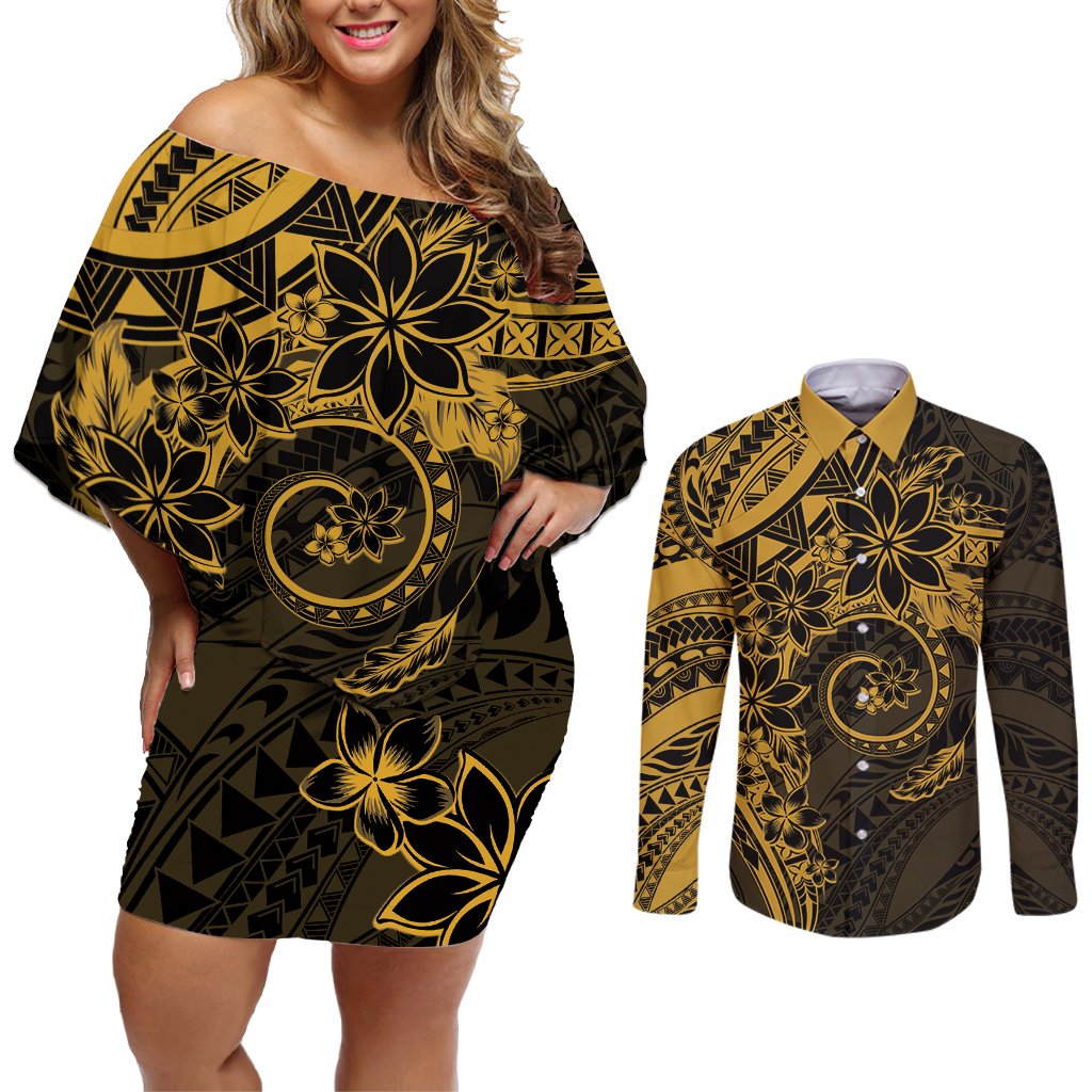 Polynesian Sunset Plumeria Couples Matching Off Shoulder Short Dress and Long Sleeve Button Shirt Gold Polynesian Tattoo LT05 Gold - Polynesian Pride