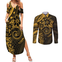 Polynesian Sunset Plumeria Couples Matching Summer Maxi Dress and Long Sleeve Button Shirt Gold Polynesian Tattoo LT05 Gold - Polynesian Pride