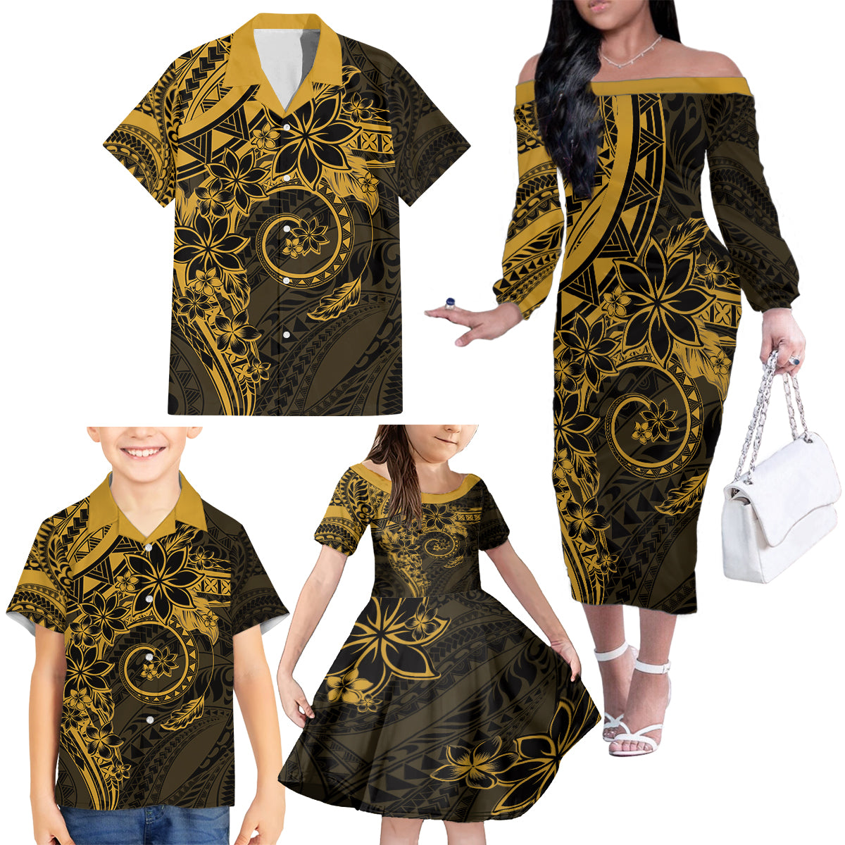 Polynesian Sunset Plumeria Family Matching Off The Shoulder Long Sleeve Dress and Hawaiian Shirt Gold Polynesian Tattoo