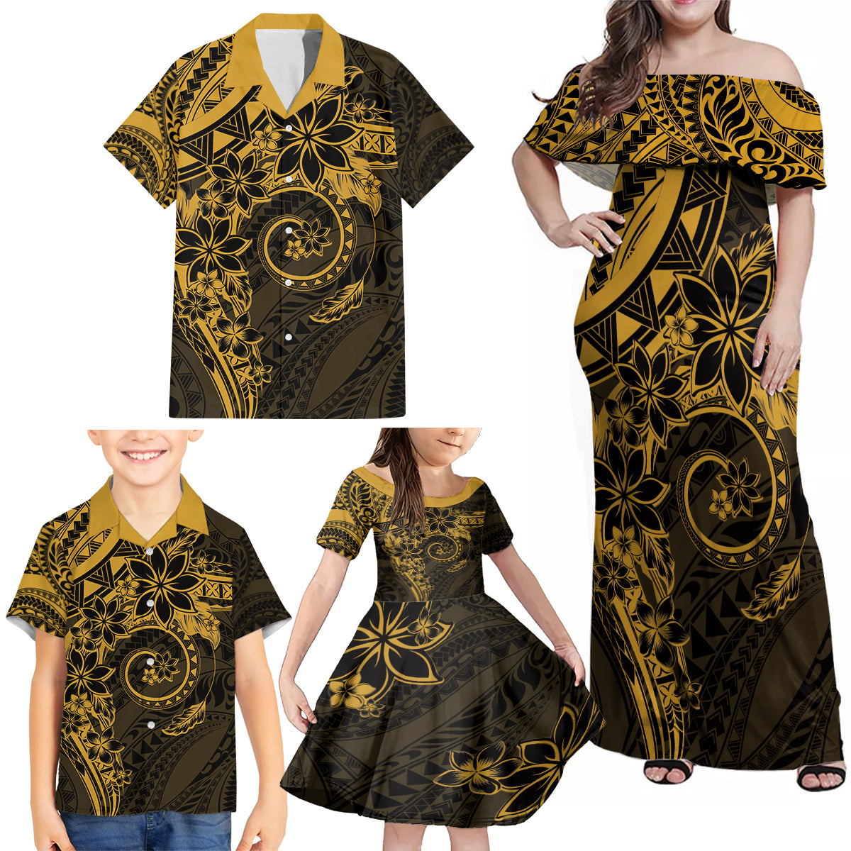 Polynesian Sunset Plumeria Family Matching Off Shoulder Maxi Dress and Hawaiian Shirt Gold Polynesian Tattoo