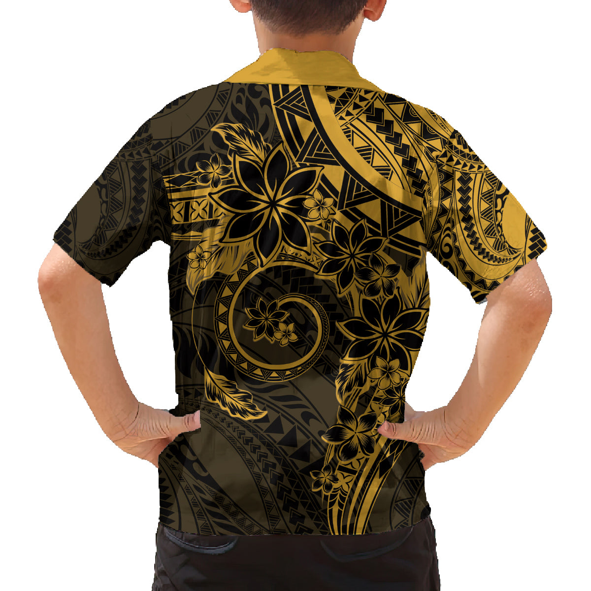 Polynesian Sunset Plumeria Family Matching Off Shoulder Short Dress and Hawaiian Shirt Gold Polynesian Tattoo