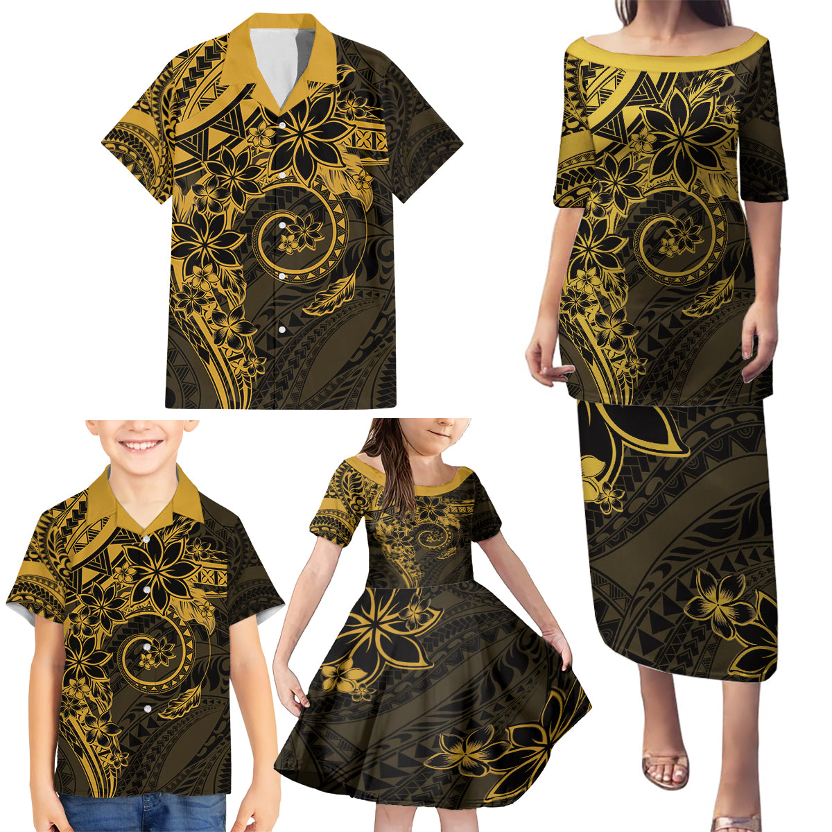 Polynesian Sunset Plumeria Family Matching Puletasi and Hawaiian Shirt Gold Polynesian Tattoo LT05 - Polynesian Pride