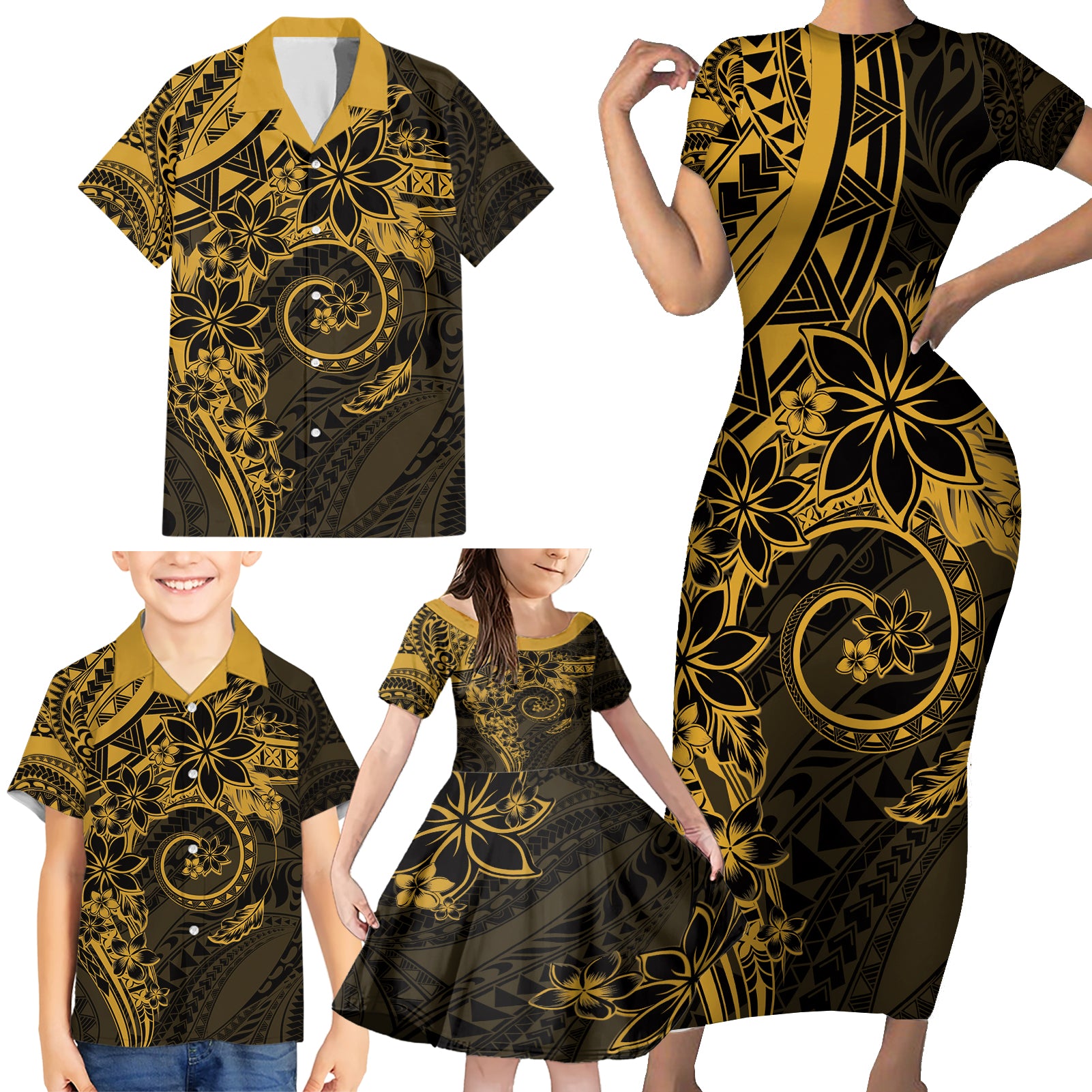 Polynesian Sunset Plumeria Family Matching Short Sleeve Bodycon Dress and Hawaiian Shirt Gold Polynesian Tattoo