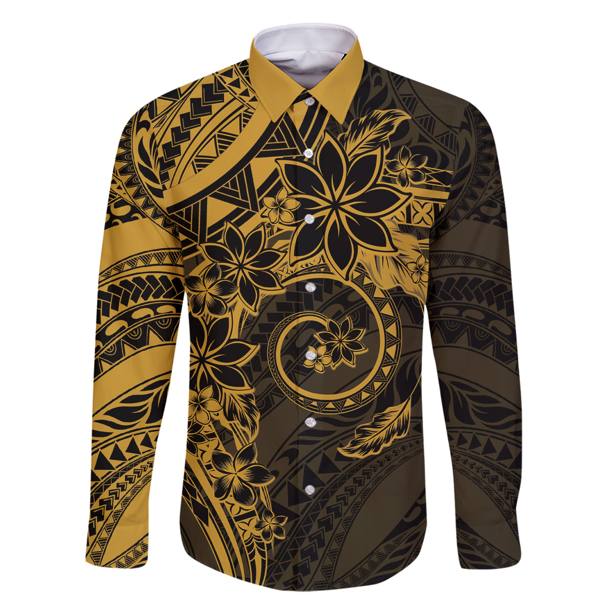Polynesian Sunset Plumeria Family Matching Summer Maxi Dress and Hawaiian Shirt Gold Polynesian Tattoo LT05 Dad's Shirt - Long Sleeve Gold - Polynesian Pride