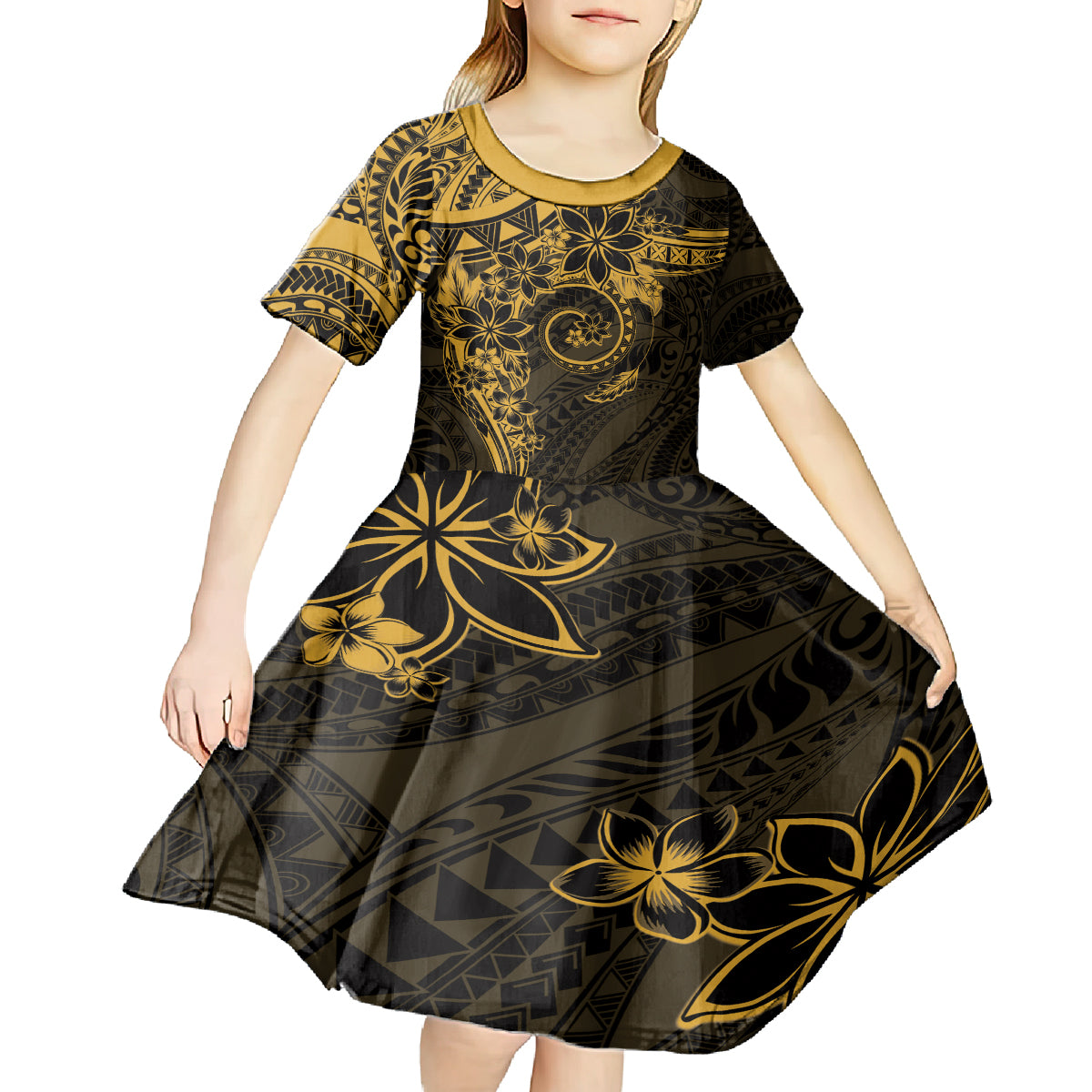 Polynesian Sunset Plumeria Kid Short Sleeve Dress Gold Polynesian Tattoo