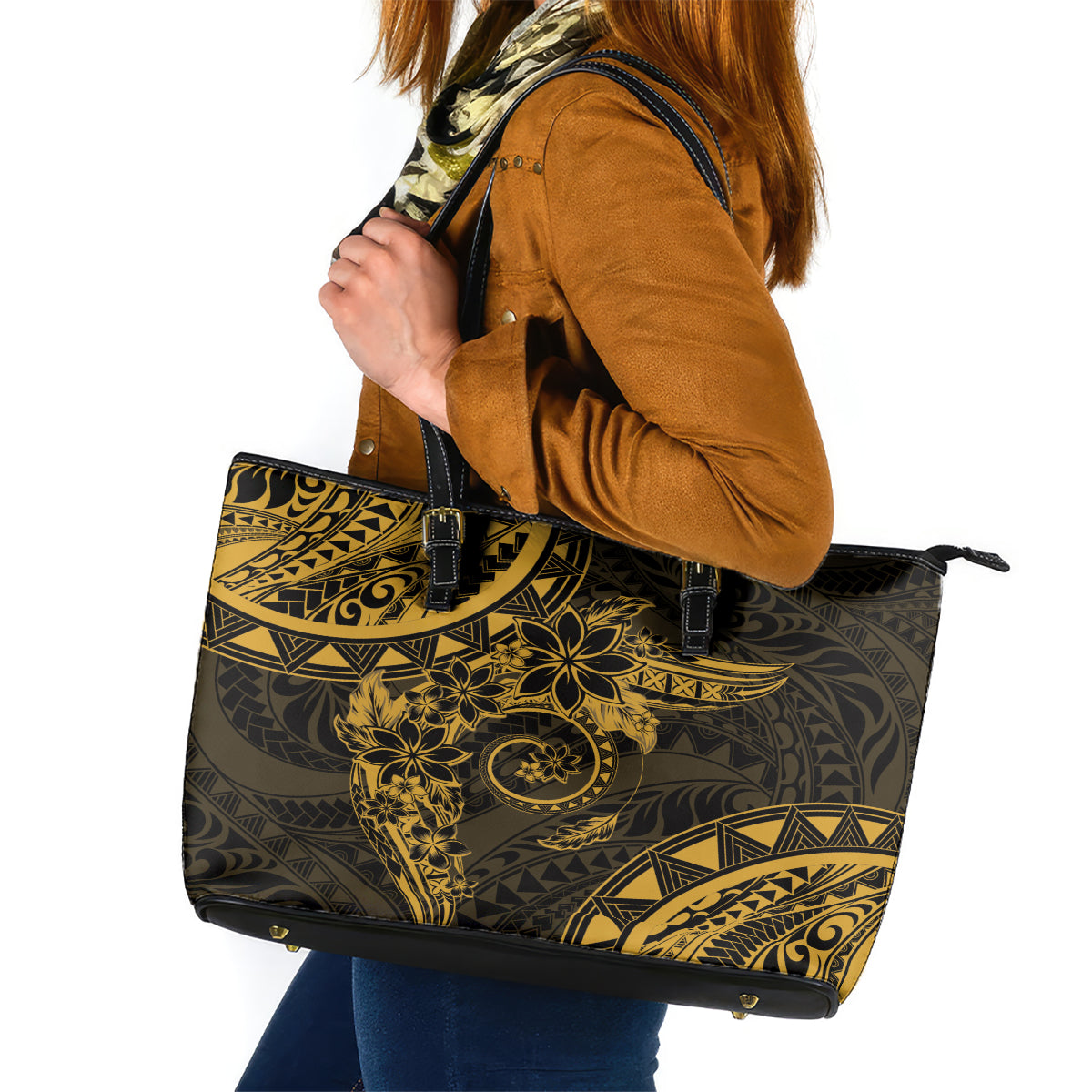 Polynesian Sunset Plumeria Leather Tote Bag Gold Polynesian Tattoo LT05 Gold - Polynesian Pride