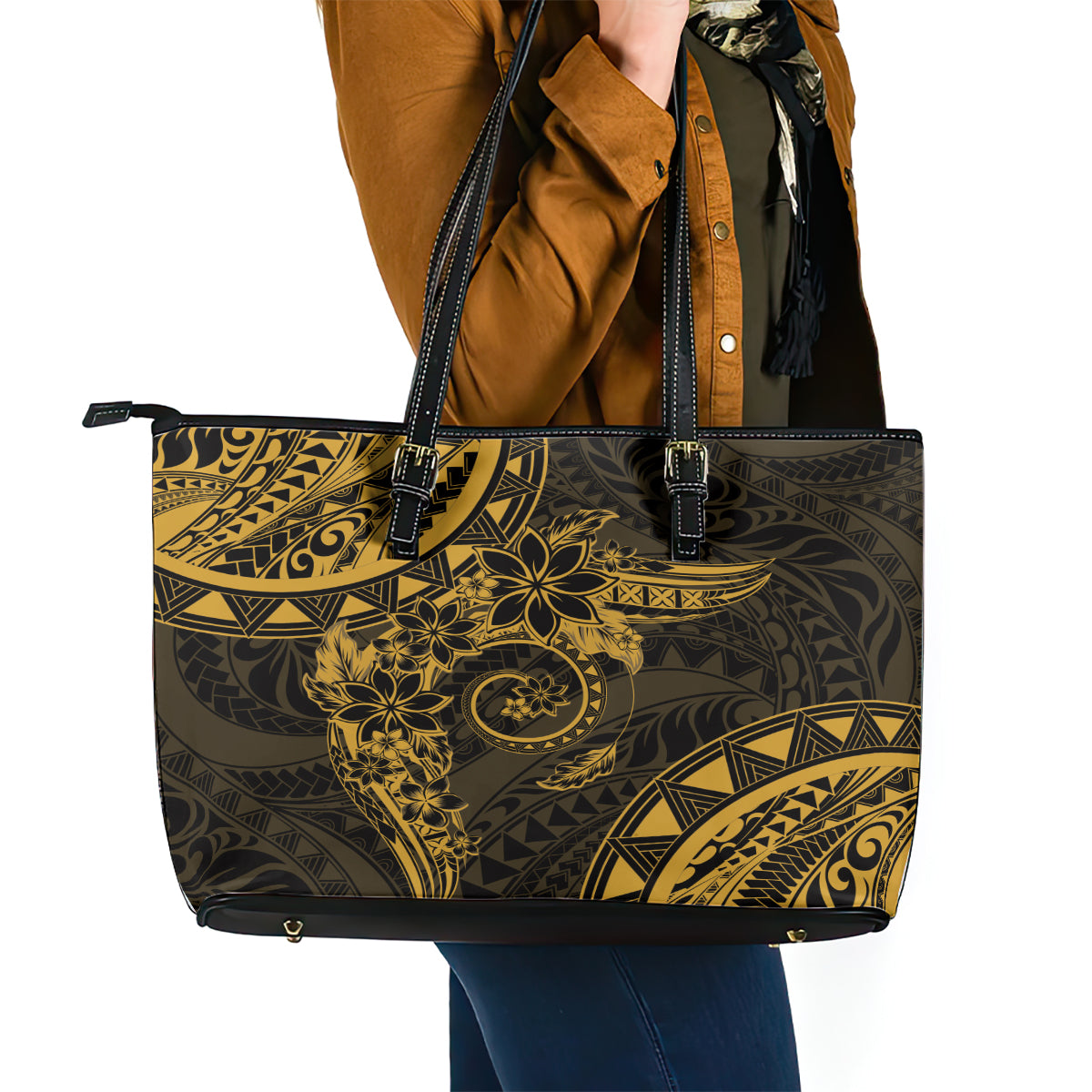 Polynesian Sunset Plumeria Leather Tote Bag Gold Polynesian Tattoo LT05 - Polynesian Pride