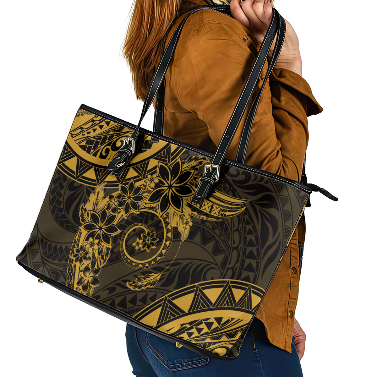 Polynesian Sunset Plumeria Leather Tote Bag Gold Polynesian Tattoo LT05 - Polynesian Pride