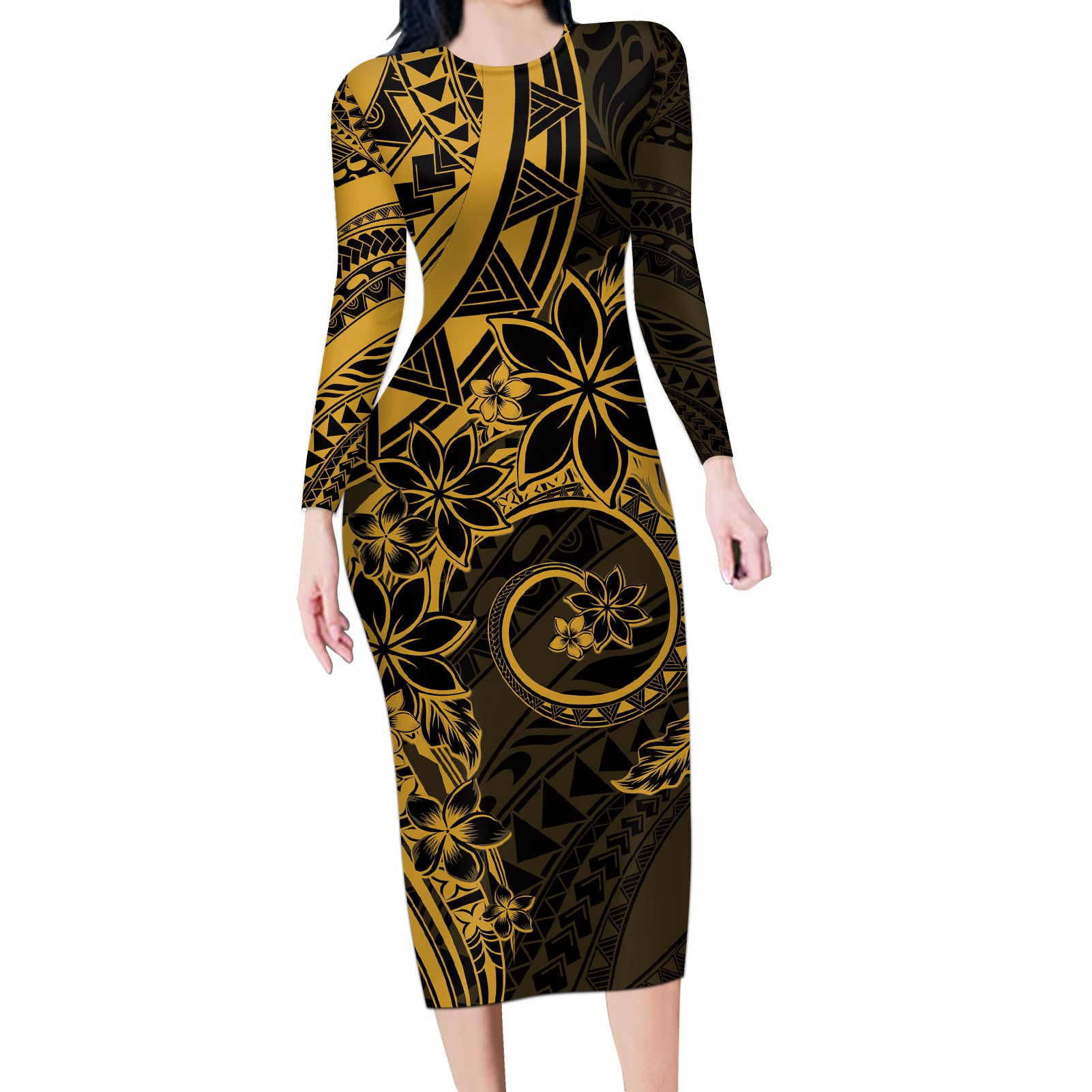 Polynesian Sunset Plumeria Long Sleeve Bodycon Dress Gold Polynesian Tattoo