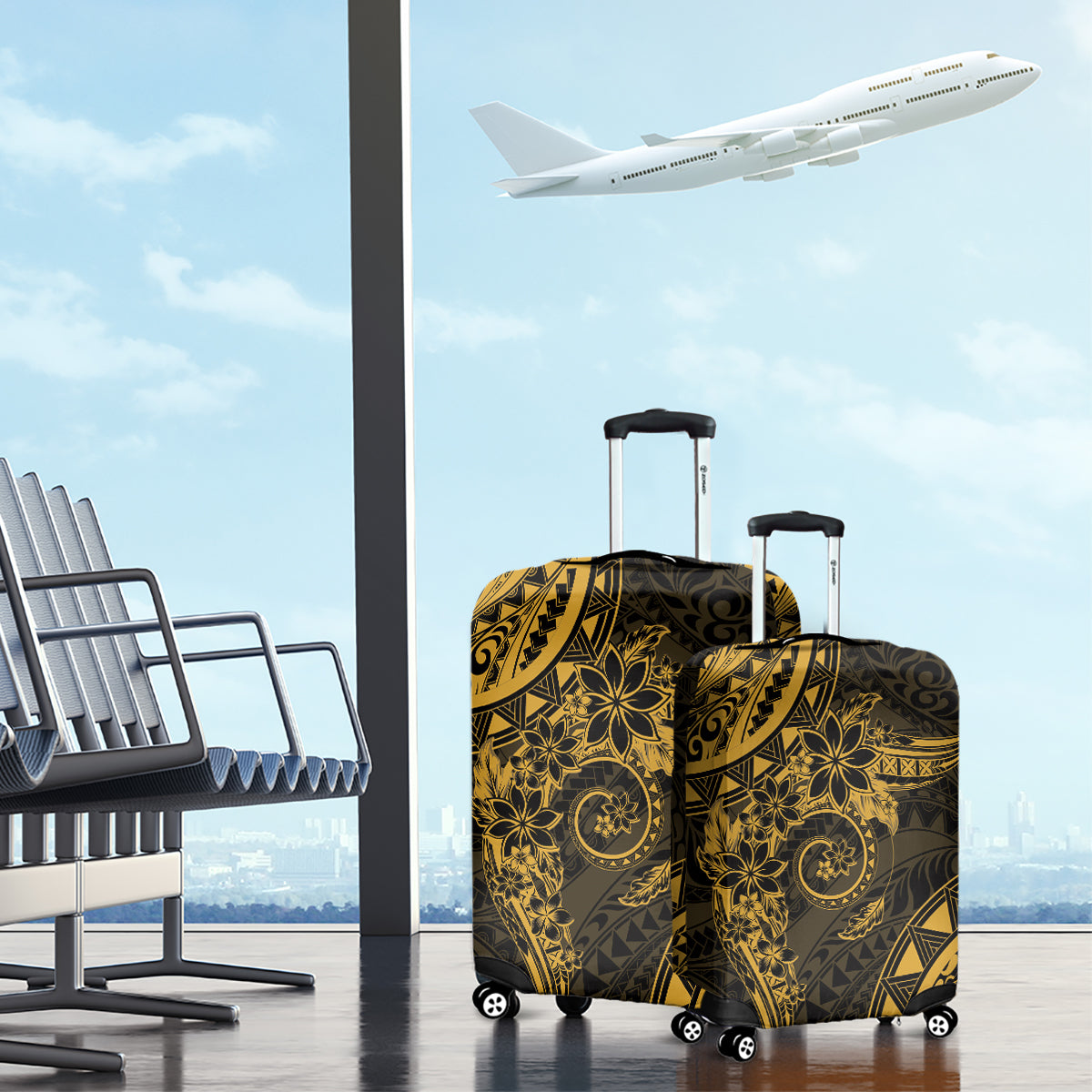 Polynesian Sunset Plumeria Luggage Cover Gold Polynesian Tattoo