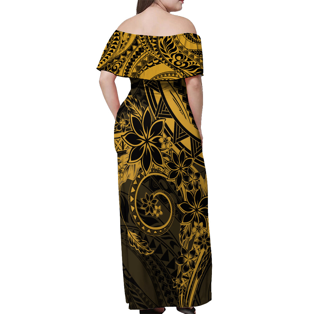 Polynesian Sunset Plumeria Off Shoulder Maxi Dress Gold Polynesian Tattoo LT05 - Polynesian Pride