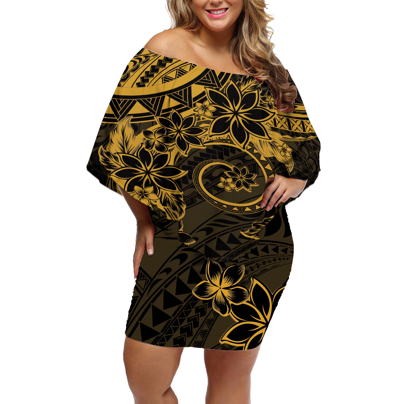 Polynesian Sunset Plumeria Off Shoulder Short Dress Gold Polynesian Tattoo